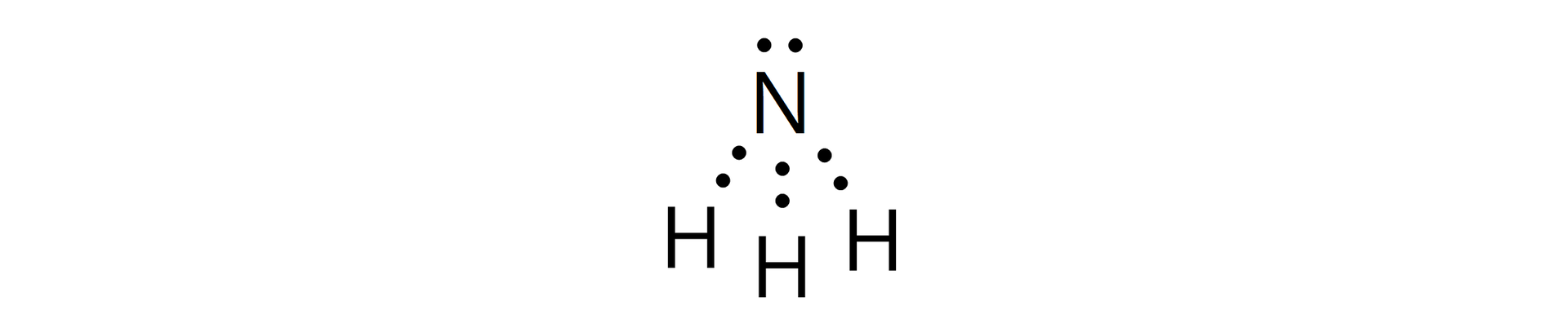 Ilustracja przedstawia wzór elektronowy kropkowy cząsteczki amoniaku. Atom azotu N posiada wolną parę elektronową zaznaczoną w postaci dwóch kropek nad symbolem pierwiastka. U dołu symbolu zapisano zaznaczono trzy kropki reprezentujące pozostałe elektrony. Biorą one udział w tworzeniu wiązań z trzema atomami wodoru. Pod każdą kropką należącą do azotu zapisano po zaznaczono po jednej kropce od trzech atomów wodoru, których symbole zapisano pod kropkami.
