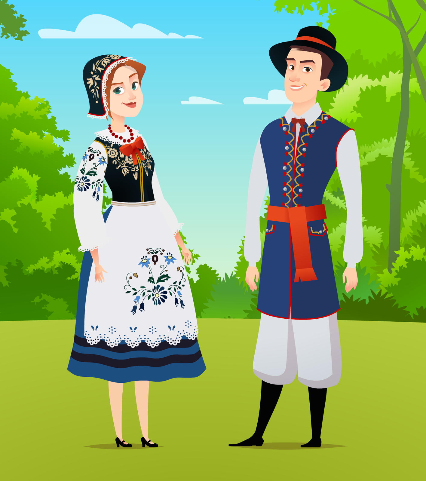 Ilustracja przedstawia graficzną prezentację stroju kaszubskiego w formie rysunku. Na ilustracji znajduje się para – kobieta oraz mężczyzna. Kobieta ubrana jest w białą koszulę zdobioną kwiatowymi wzorami, na którą nałożony ma ciemny gorset również przyozdobiony kwiecistym wzorem, który zachodzi w długą niebieską spódnicę, u dołu przyozdobioną dwoma czarnymi poziomymi pasami. Na głowie kobieta ma ciemnoniebieską chustę przykrywającą brązowe włosy. Na szyi czerwone korale, na nogach czarne obuwie – tak zwane wiksówki. Mężczyzna stoi z prawej strony, ubrany jest w szarą koszulę na którą założona jest niebieska kamizelka spięta pomarańczowym pasem i przykrywająca częściowo (do kolan) szare spodnie. Na głowie mężczyzna ma kapelusz z szerokim rondem i pomarańczowym pasem materiału. Na nogach ma czarne wysokie buty.  Para stoi na polanie, w tle krzewy i drzewa.