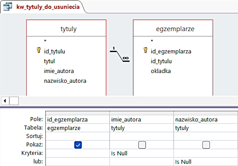 Ilustracja zawiera zrzut ekranu z programu. W górnej części grafiki widnieją kwadratowe pola zawierające informację o tytułach takie jak id tytułu, tytuł, imię autora, nazwisko autora oraz drugie pole zawierające informację o egzemplarzach takie jak id egzemplarza, id tytułu oraz okładka. Poniżej widoczna jest tabela zawierająca szczegółowe dane dotyczące tytułów.