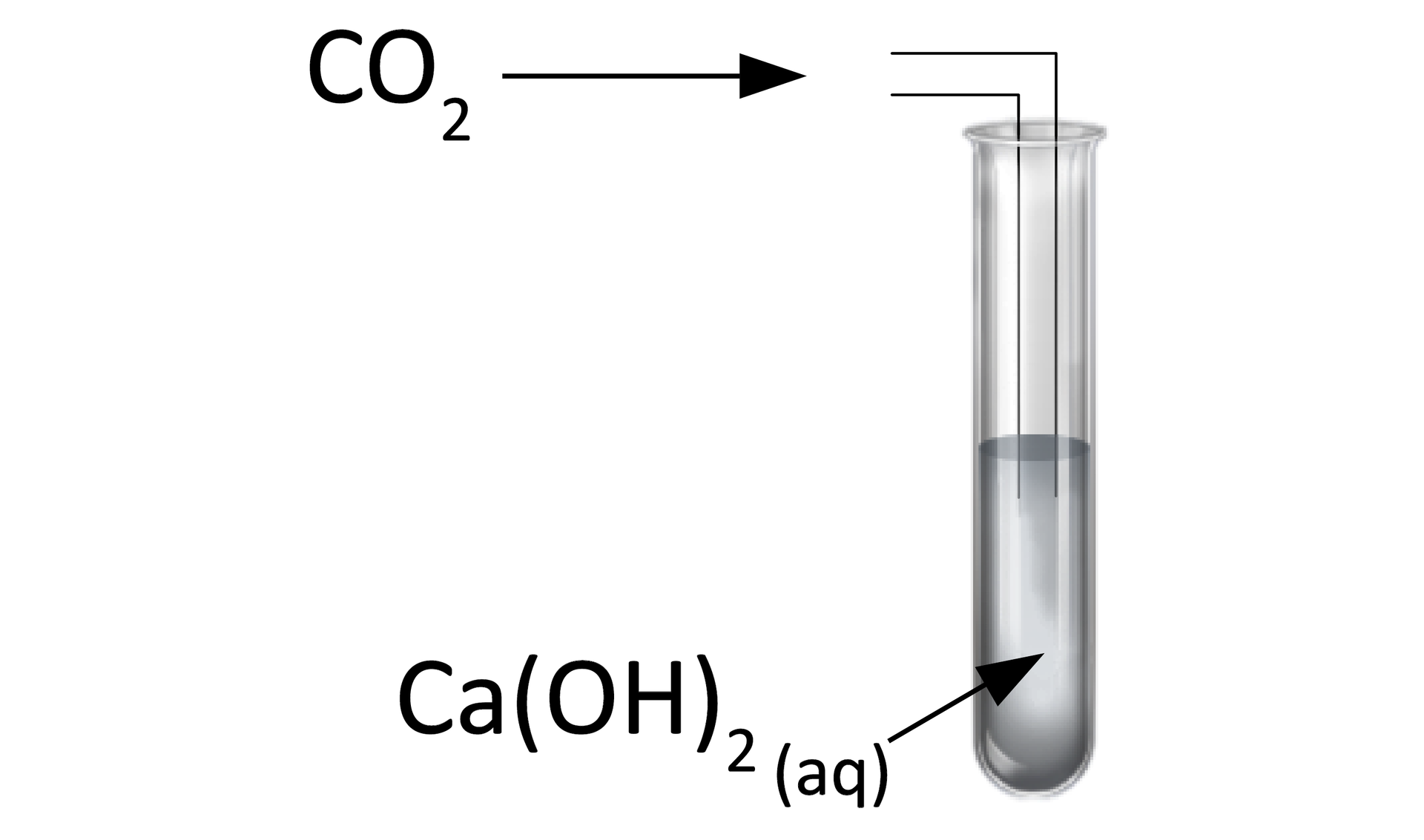 Na ilustracji znajduje się probówka, w której jest roztwór wodorotlenku wapnia. Do probówki włożona jest rurka. Dodano dwutlenek węgla.  