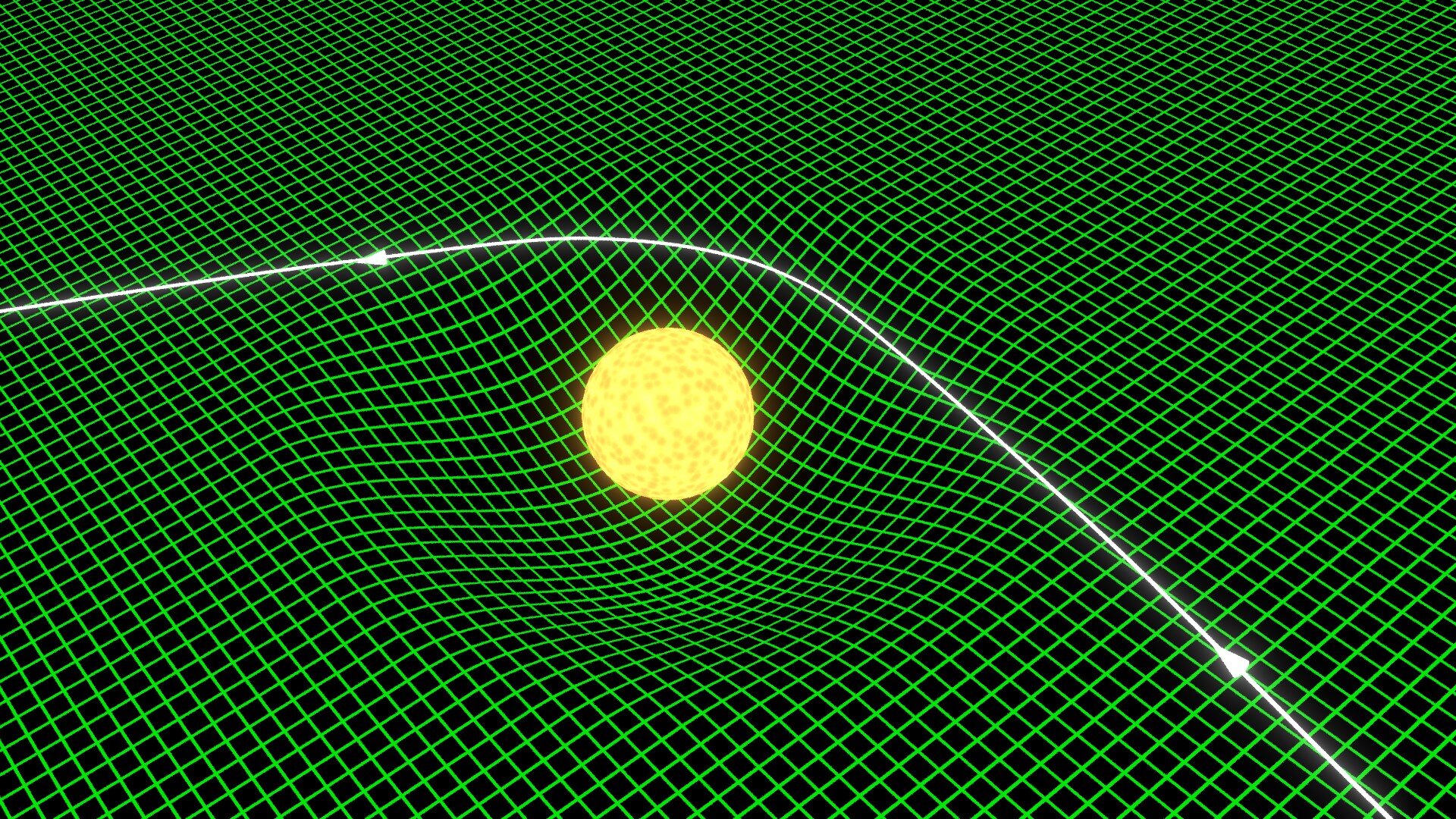 Rys. 4. Rysunek przedstawia symbolicznie czasoprzestrzeń, którą ugina znajdująca się na niej gwiazda. Powierzchnię czasoprzestrzeni zakratkowano na zielono dla łatwiejszej obserwacji. Promień świetlny porusza się po czasoprzestrzeni i gdy przechodzi przez wewnętrzną stronę ugiętego obszaru zmienia kierunek swojego ruchu. 