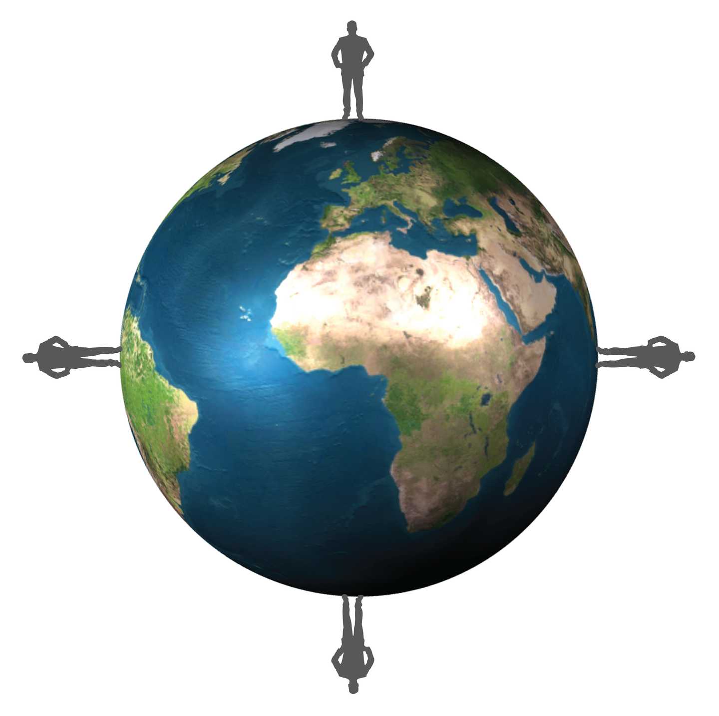 Ilustracja prezentuje kulę ziemską, na której stoją cztery sylwetki człowieka umiejscowione w punktach północ (góra), południe (dół), wschód (prawa strona), zachód (lewa strona).