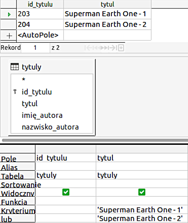 Ilustracja przedstawia zrzut ekranu z programu. W górnej części widoczna jest tabela zawierająca informację na temat id tytułu oraz tytułu. Poniżej widoczne jest kwadratowe pole z informacjami na temat tytułów. Poniżej ponownie widoczna jest tabela z większą ilością informacji na temat id tytułu oraz tytułu. 