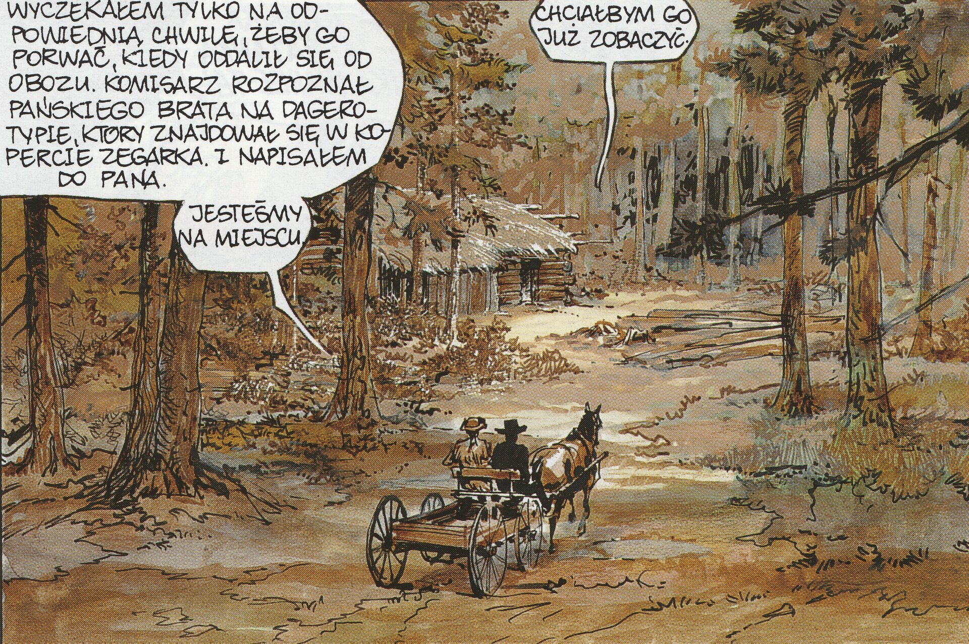 Ilustracja przedstawia jeden kadr z komiksu, scenę w lesie, ujętą z góry. Leśną drogą jedzie wóz ciągnięty przez konia, którym jadą dwaj mężczyźni, którzy rozmawiają, świadczą o tym dymki nad nimi. Jeden mówi: Wyczekałem tylko na odpowiednią chwilę, żeby go porwać, kiedy się oddalił od obozu. Komisarz rozpoznał pańskiego brata na dagerotypie, który znajdował się w kopercie zegarka z napisem od pana. Jesteśmy na miejscu.  Drugi odpowiada: Chciałby go już zobaczyć. Po lewej stronie, na polanie stoi chata kryta strzechą, przed chatą leżą w stosie deski. Komiks wykonany jest akwarelą z podkreślonymi na czarno liniami konturowymi. Na ilustracji dominują brązy, zielenie i beże.