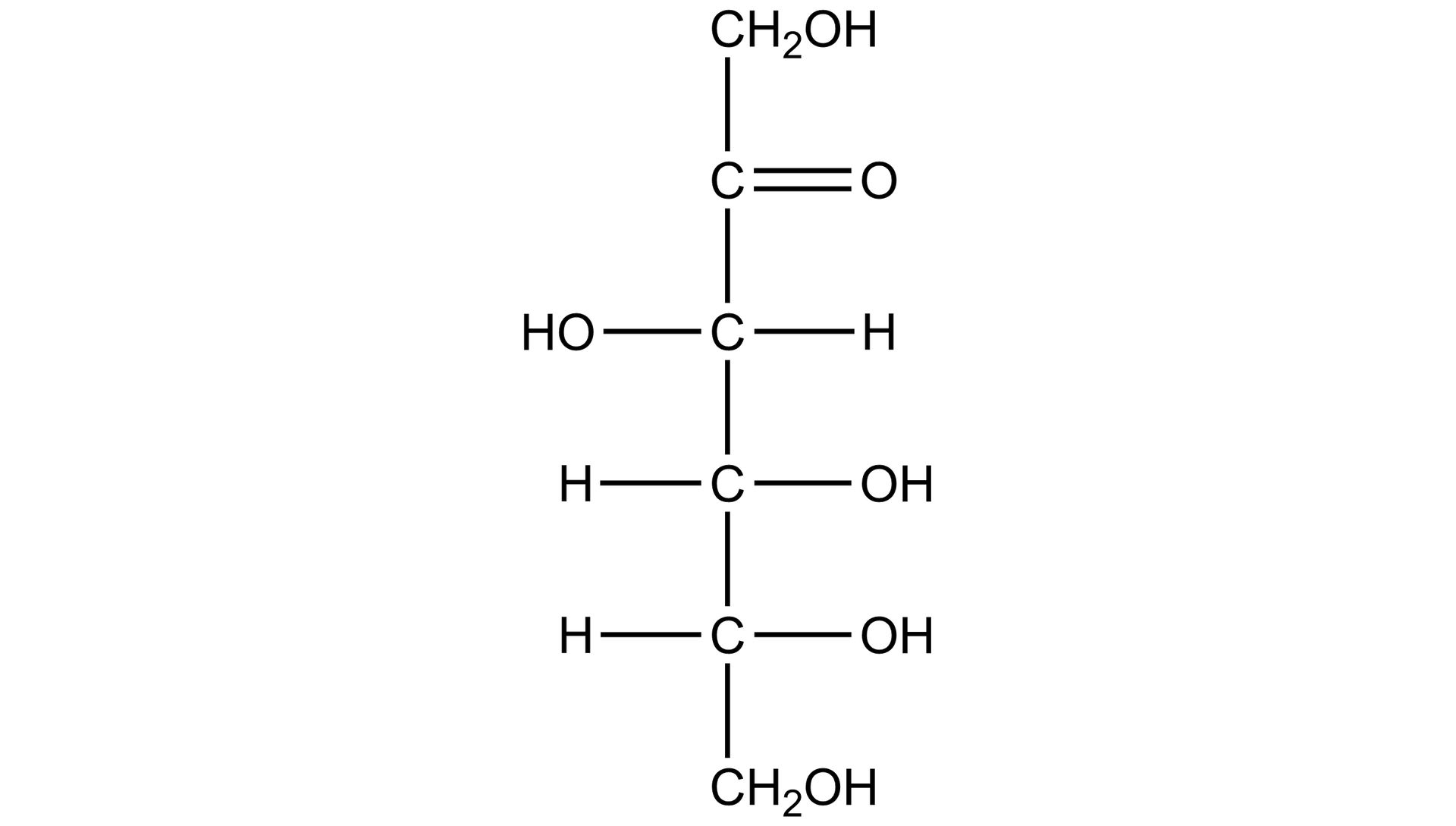 Na ilustracji znajduje się wzór strukturalny cząsteczki fruktozy C 6 H 12 O . Cztery atomy węgla tworzą liniowy łańcuch poprzez wiązania pojedyncze. Na obu krańcach łańcucha znajdują się przyłączone grupy C H 2 O H . Do do trzech atomów węgla przyłączone są H i OH, do jednego atomu węgla przyłączony jest tlen poprzez wiązanie podwójne.