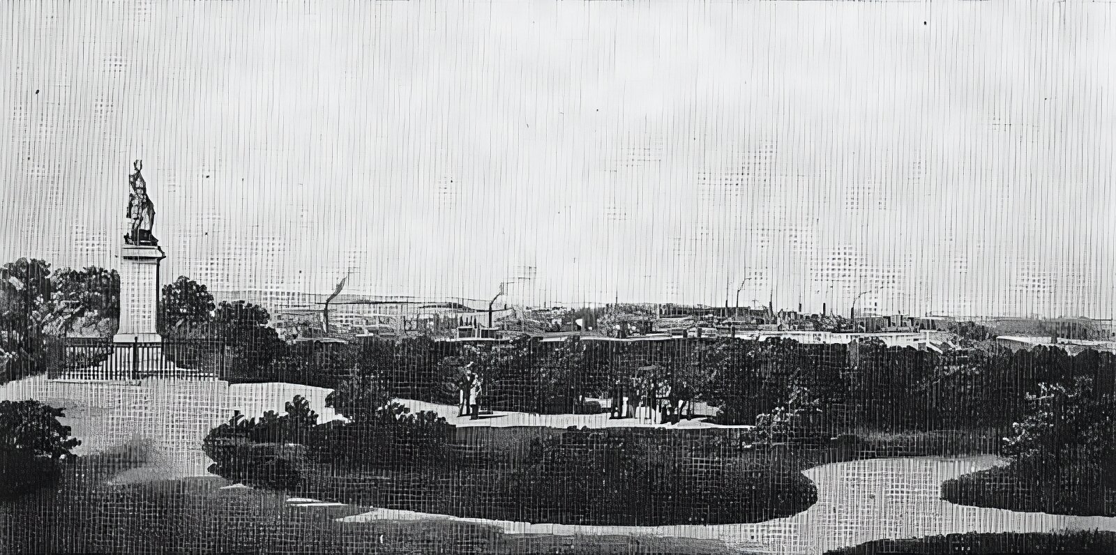 Kliknij, aby powiększyć Ilustracja przedstawia widok na Górę Redena w 1860r. Po lewej stronie obrazu widoczny pomnik Friedricha Wilhelma von Redena. Monument jest ogrodzony i prowadzi do niego z czterech stron szeroka aleja parkowa. Dalej widoczna jest na obrazie panorama Królewskiej Huty z kominami i budynkami kopalń oraz hut.