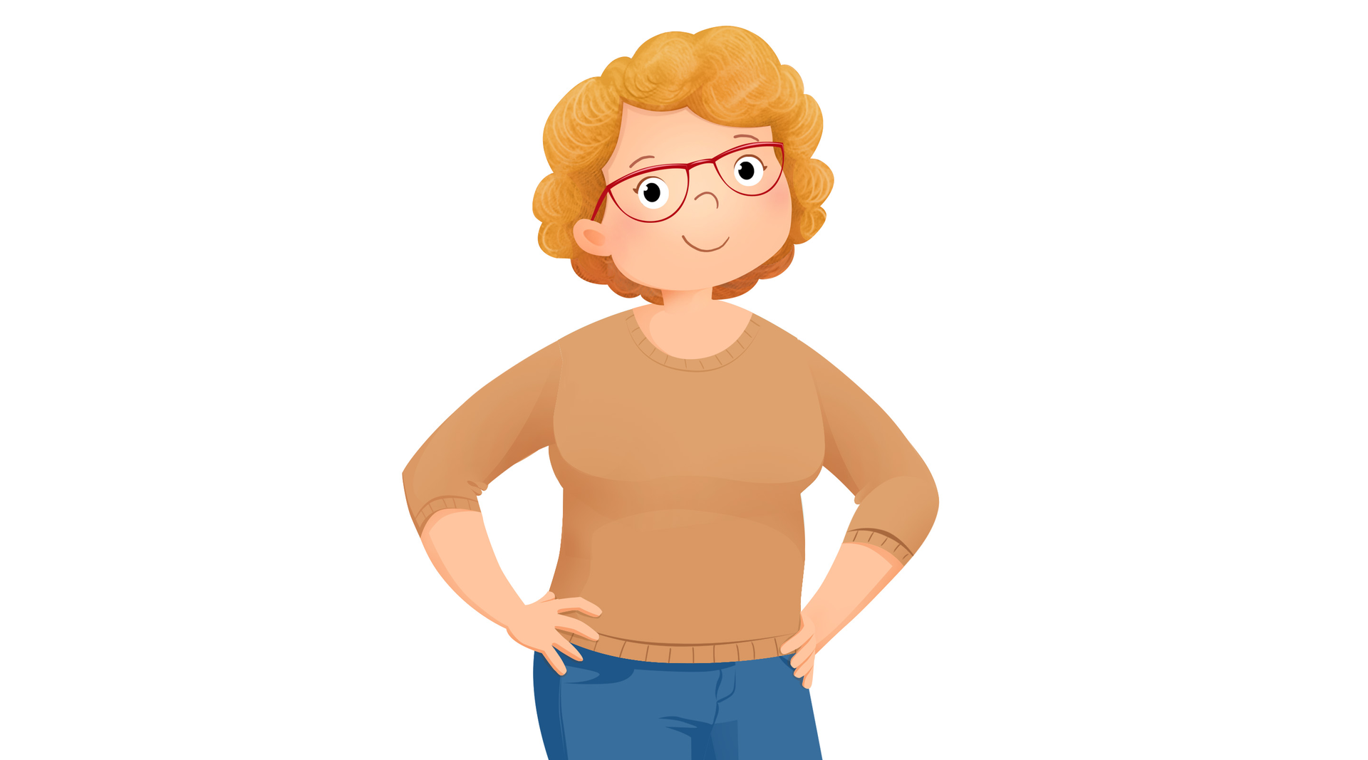 Ilustracja przedstawia kobietę z krótkimi włosami w okularach, która podpiera rękoma biodra.