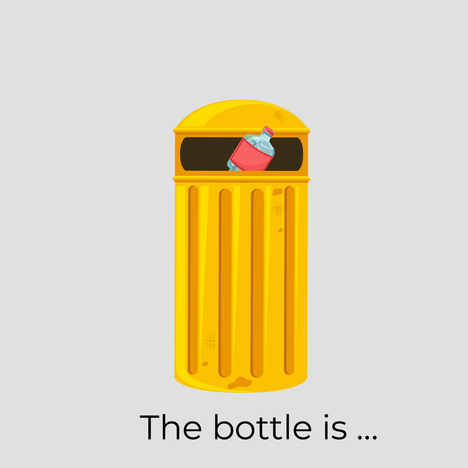 Ilustracja ukazuje żółty kosz na śmieci, do którego włożono butelkę po wodzie.