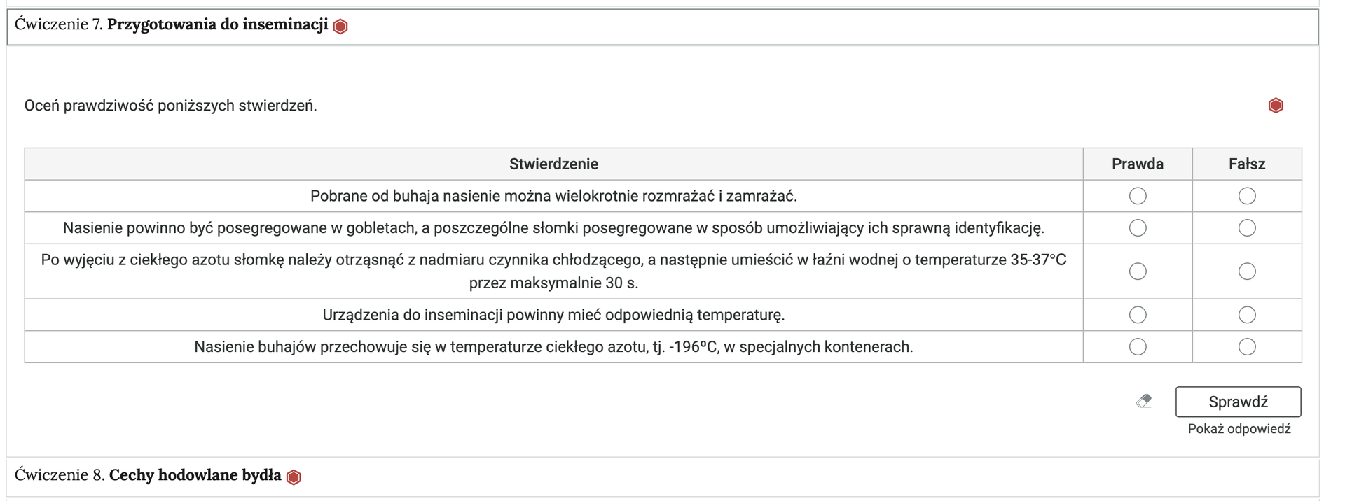 Grafika przedstawia przykładowe ćwiczenie typu prawda/fałsz w harmonii. Zostało wybrane ćwiczenie siódme.