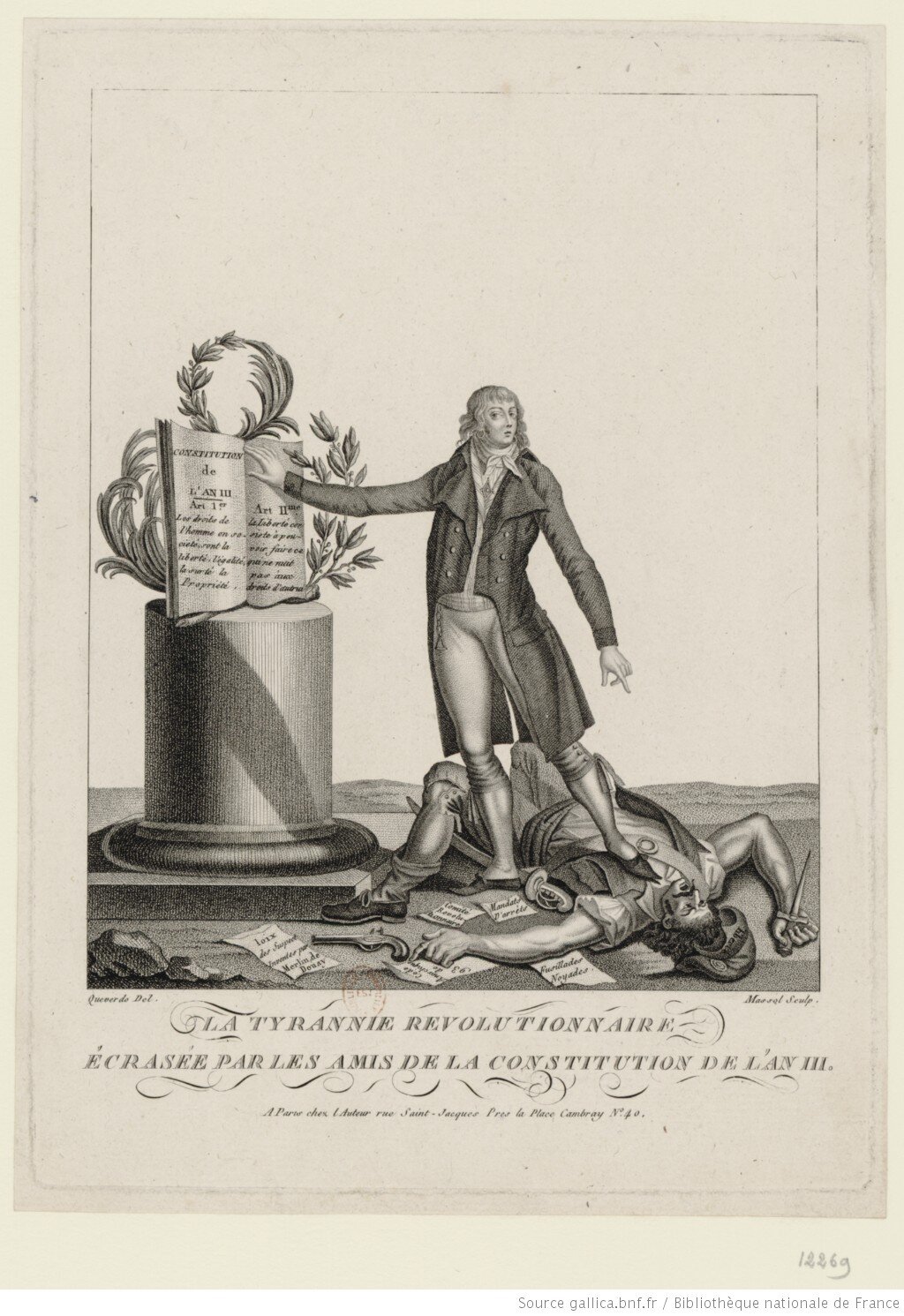 Ilustracja przedstawia symboliczny upadek tyranii rewolucyjnej. Tyranię rewolucyjną uosabia leżący na plecach mężczyzna. Jego pierś depcze lewą stopą drugi mężczyzna. Uosabia on przyjaciół Konstytucji roku III.