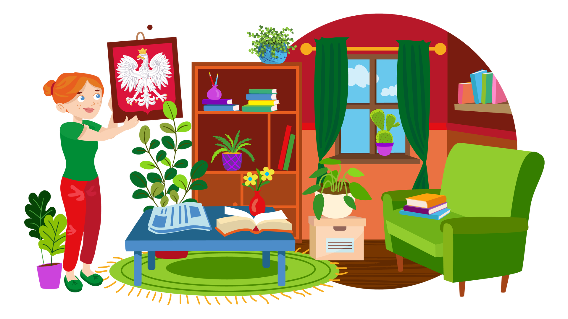 Ilustracja przedstawia salon w domu. W tle znajduje się czerwono‑pomarańczowa ściana z brązowym oknem, za którym widać błękitne niebo z dwiema jasnymi chmurami. Nad oknem wisi złoty karnisz z ciemnozielonymi zasłonami upiętymi po bokach, a na parapecie stoi zielony kaktus w fioletowej doniczce. Na ścianie znajdującej się po prawej stronie ilustracji wisi jasnobrązowa półka zastawiona książkami w kolorowych okładkach. Poniżej stoi na ciemnobrązowej podłodze zielona kanapa, na której leży stos trzech książek. Obok jest beżowe pudełko z pokrywką, a na nim zielona roślina w bladobeżowej donicy. W centralnej części pomieszczenia leży okrągły zielony dywan z żółtymi frędzlami, a na nim stoi niski niebieski stół. Na stole leżą gazeta i otwarta książka w pomarańczowej okładce. Obok książki stoi niewielki czerwony wazon z dwoma żółtymi kwiatkami. Za stołem, na podłodze, jest zielona roślina w donicy. Kolejna zielona roślina w donicy stoi po lewej stronie ilustracji. Obok okna, przy ścianie, znajduje się brązowy regał z zamykanymi szafkami w części dolnej i półkami w górnej. Na półkach są różne przedmioty: książki, zielona roślina w fioletowej donicy oraz fioletowy wazonik z dwoma pędzlami. Na samej górze regału jest jeszcze jedna zielona roślina, w niebieskiej donicy. Przy regale widać wbity w ścianę gwóźdź. Obok stoi kobieta o rudych włosach upiętych w kok. Jest ubrana w zieloną bluzkę z krótkimi rękawami, długie, czerwone spodnie i zielone buty. W rękach trzyma godło Polski w brązowej ramie, które unosi w kierunku ściany, aby je zawiesić. Na godle znajduje się Orzeł Biały w złotej koronie na czerwonym tle.