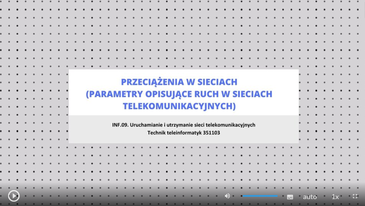 Grafika przedstawia wygląd ekranu odtwarzania filmu. Pośrodku znajduje się tytuł: Przeciążenia w sieciach parametry opisujące kanały transmisyjne sieci. W dolnej części ekranu znajdują się ikony z różnymi opcjami. W dolnym lewym rogu widać ikonę trójkąta w kółku. Jest to ikona włączania odtwarzania filmu. Kolejna ikona znajduje się dopiero w połowie ekranu dolnego paska. Jest to ikona megafonu. Obok niej widać niebieski pasek, który oznacza poziom głośności. Obok znajduje się ikona człowieka, od którego głowy odchodzą dwie fale. Umożliwia ona włączanie alternatywnej ścieżki dźwiękowej. Dalej znajduje się mały biały prostokąt z czarnymi paskami w jego dolnej części. Pozwala ona na włączenie napisów. Kolejna ikona to napis auto, która umożliwia wybranie jakości filmu. Obok niej widać ikonę jedynki z iksem. Po kliknięciu na nią można wybrać szybkość odtwarzania filmu. Ostatnia ikona to kreski tworzące kwadrat. Kreski te tworzą jedynie krawędzie kwadratu. Jest to opcja włączania trybu pełnoekranowego.