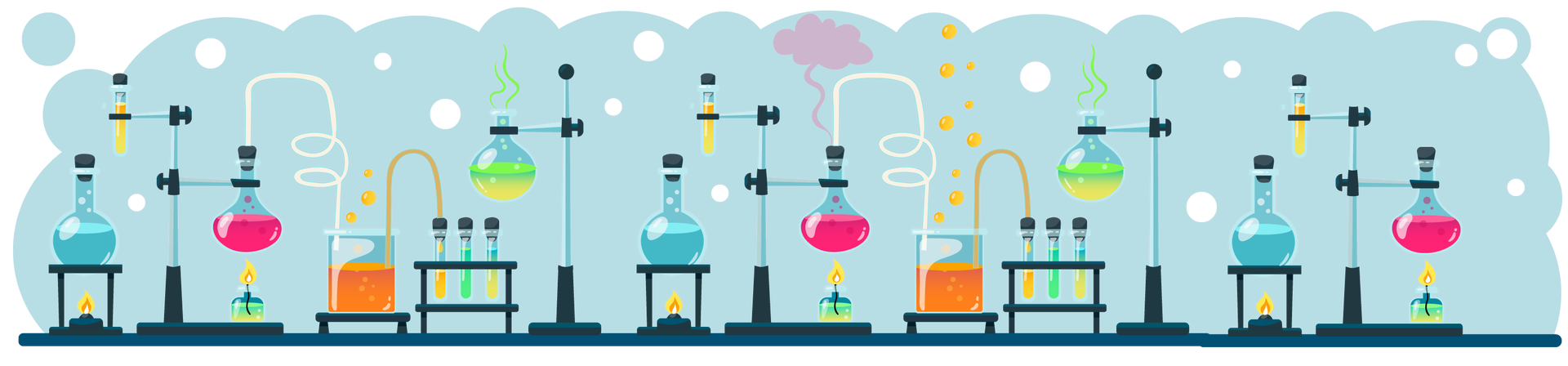 Ilustracja przedstawia granatowy blat na błękitnym tle. Na blacie ustawiono dużą ilość szklanych probówek i pojemników wypełnionych kolorowymi płynami. Niektóre naczynia są przymocowane do stojaków, inne połączone ze sobą rurkami. Kilka probówek jest podgrzewanych nad niewielkim płomieniem.