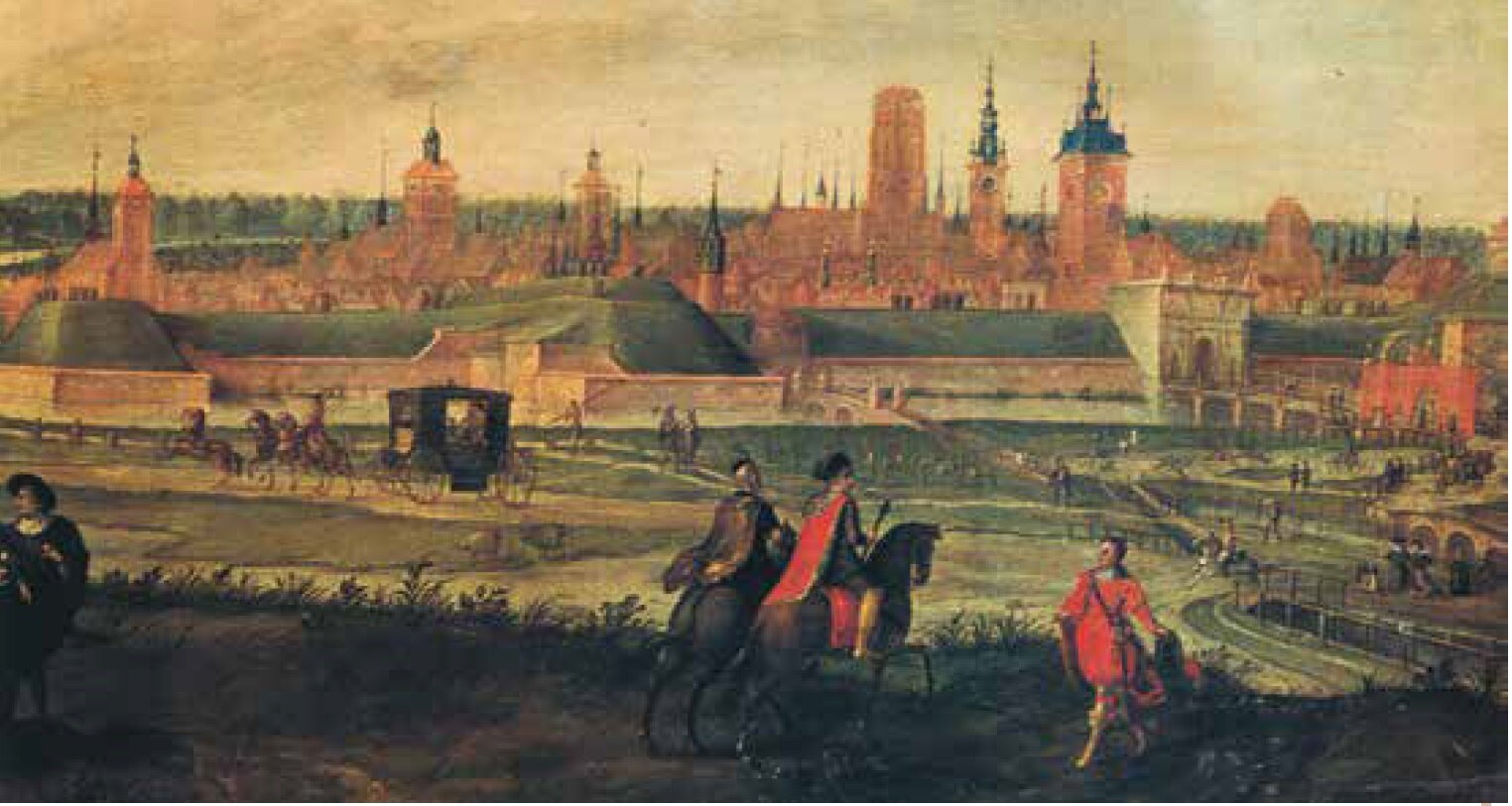 Obraz przedstawia panoramę miasta, które jest otoczone murami, fosą i wałami umocnień. Idą i jadą na koniach do niego liczni ludzie. Z pomiędzy budynków miasta wystają liczne wierze kościołów. 