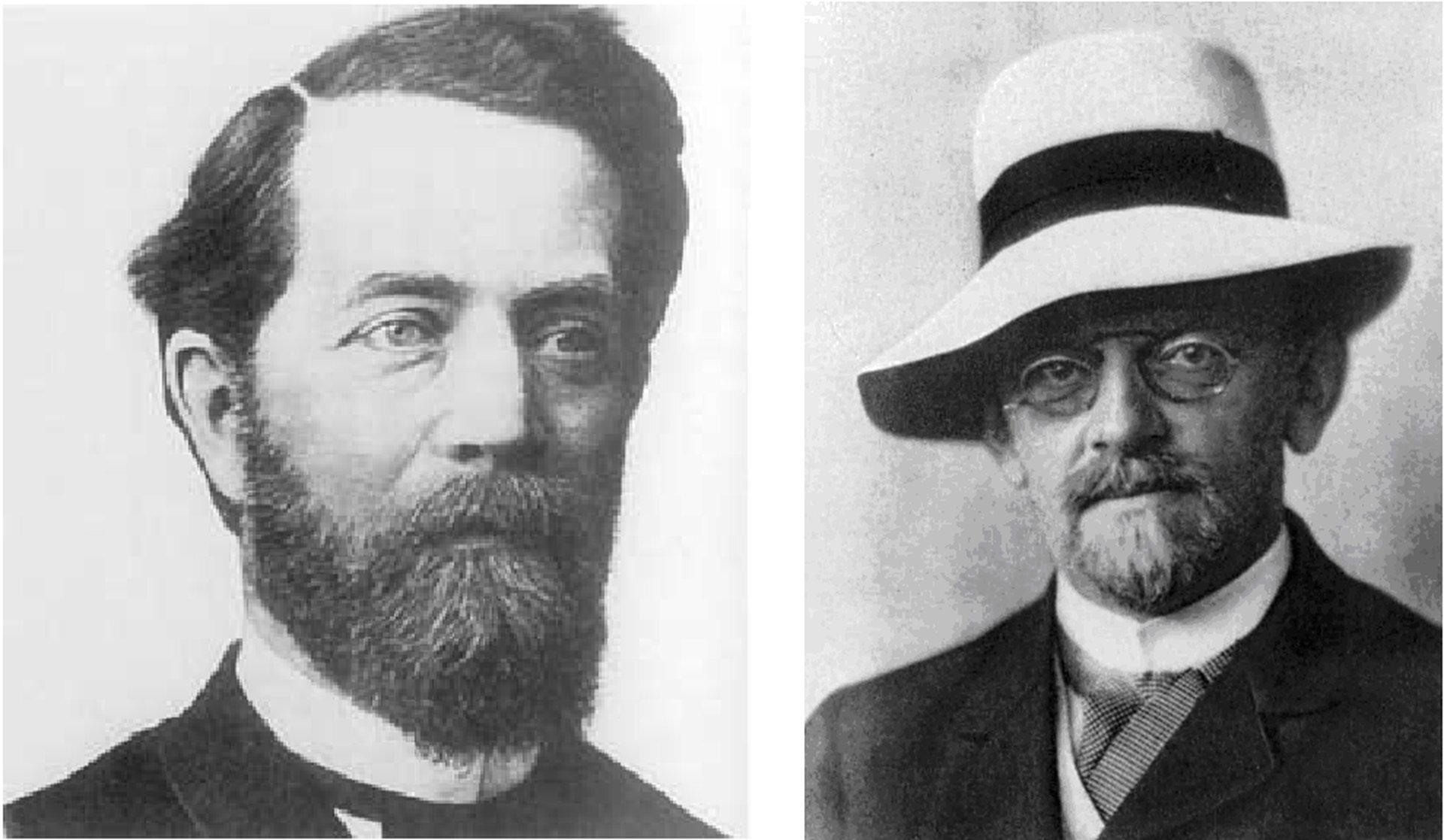 Rys. 2. Zdjęcie przedstawia portrety dwóch mężczyzn. Z lewej Felix Klein, niemiecki matematyk, urodzony w Dusseldorfie. Portret jest czarno biały. Mężczyzna spogląda nieco w bok. Ma gęste, ciemne włosy z wyraźnym przedziałkiem po prawej stronie i okazałą brodę. Z prawej David Hilbert, niemiecki matematyk, także fizyk i filozof, urodzony w Königsberg, gdzie studiował. Mężczyzna spogląda w obiektyw. Pozuje w dosyć dużym, jasnym kapeluszu z ciemną przepaską. Ma okulary, wąsy i zarost na brodzie.