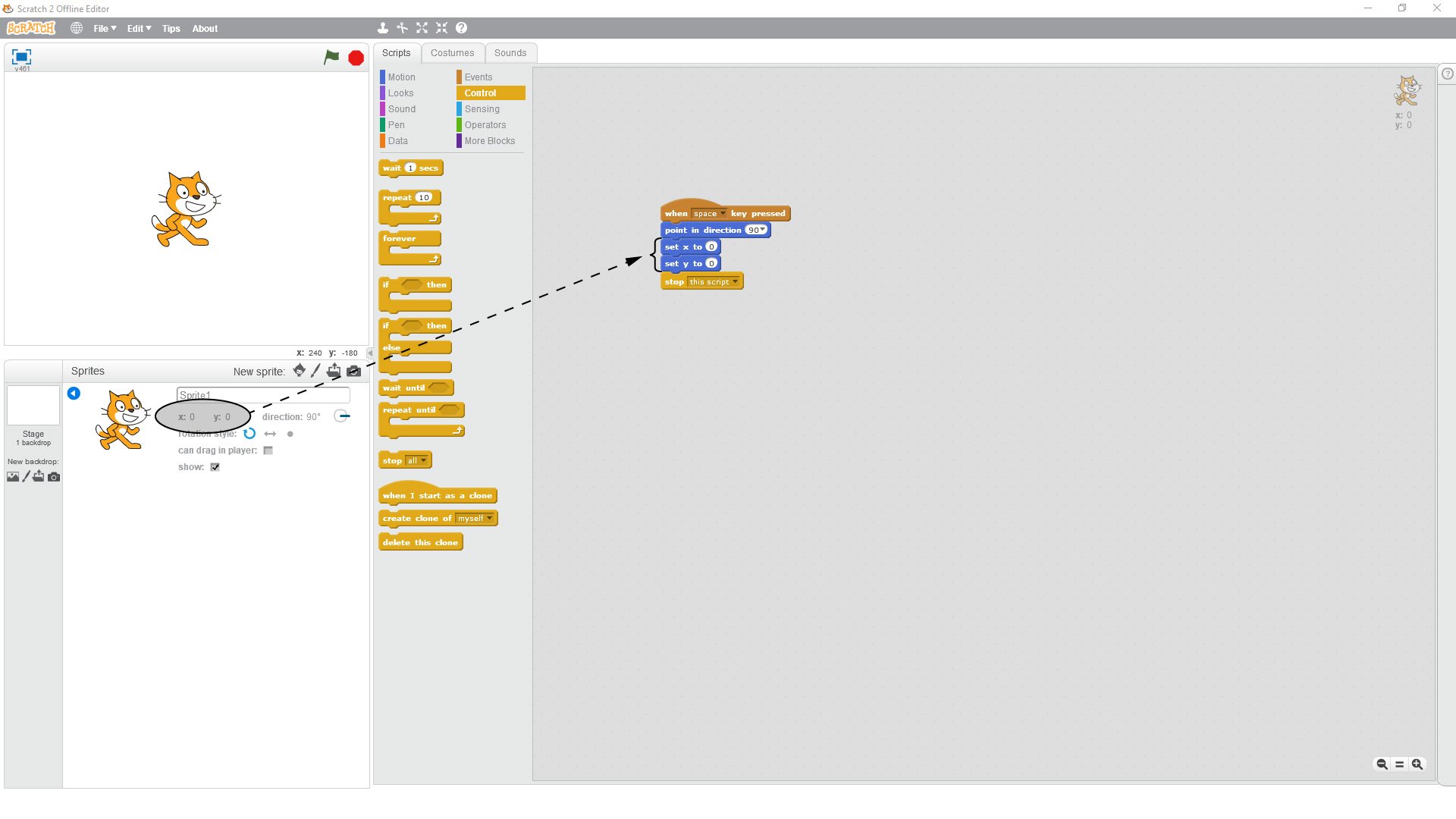 Na ilustracji pokazany jest zrzut ekranu, na którym widoczna jest scena z duszkiem stojącym na środku. Obok widoczny jest skrypt ustawiający duszka w żądanej pozycji.