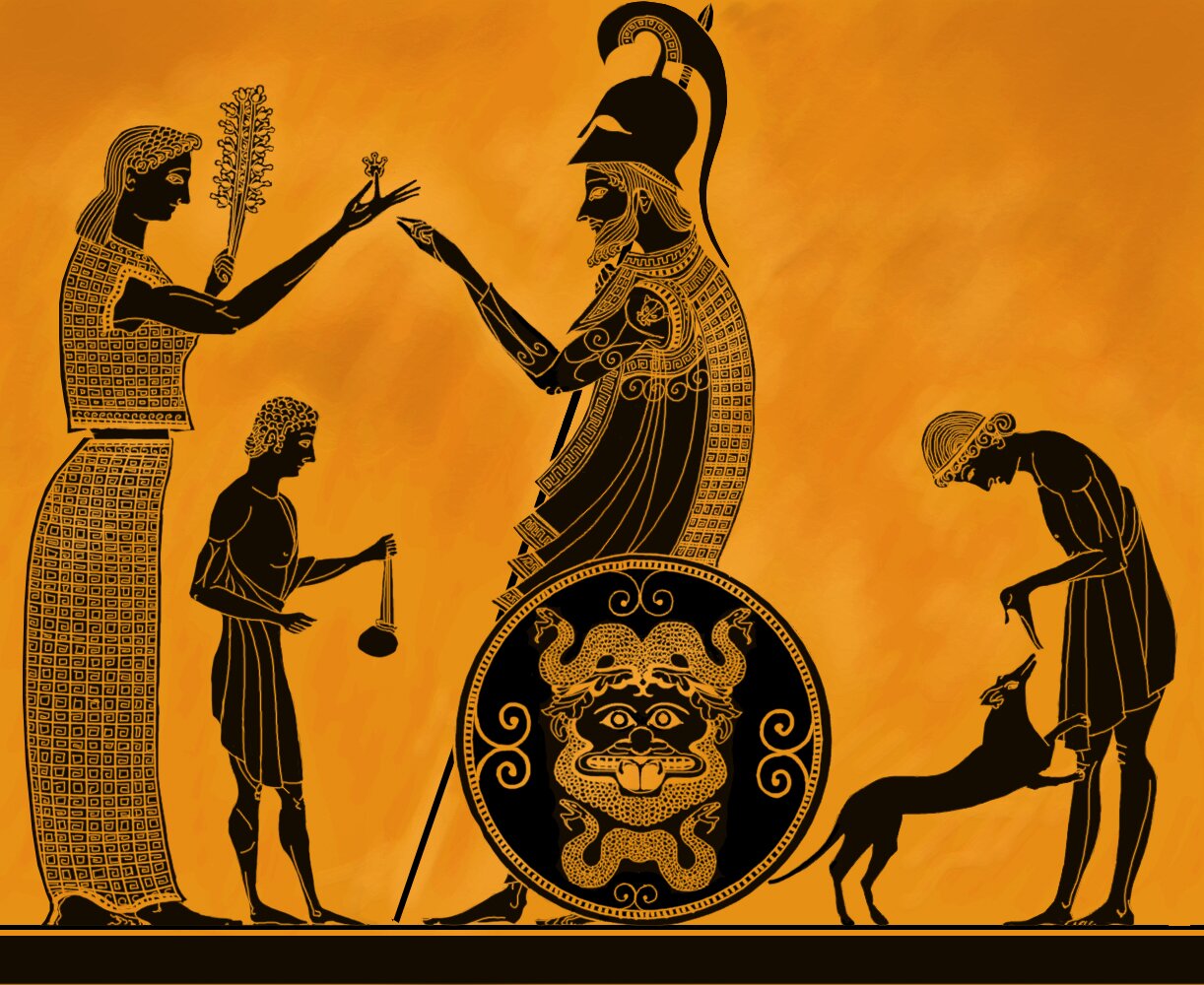 Ilustracja stylizowana na wazę grecką przedstawia Peryklesa z rodziną: żoną i dwójką dzieci. Czarne postacie przedstawiono na pomarańczowym tle. Na środku, oparty o tarczę stoi Perykles w zbroi, na głowie ma hełm, w ręce trzyma dzidę. Lewą rękę wyciąga do stojącej po lewej stronie żony. Żona trzyma w lewej ręce kwiaty, prawą podaje pojedynczy kwiat mężowi. Między żoną a mężem stoi kilkuletni syn, trzymający sakiewkę. Za Peryklesem z prawej strony ilustracji znajduje się drugi chłopiec w tym samym wieku, bawiący się z psem.