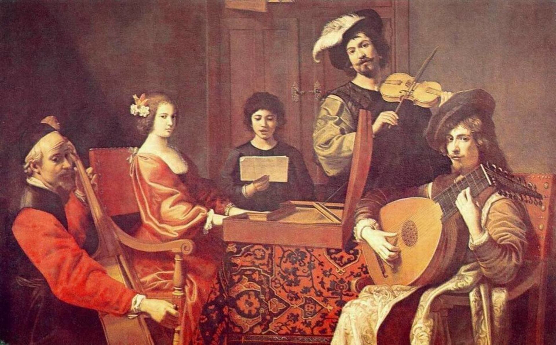 Obraz przedstawiający muzyków baroku. Cztery postaci grają na instrumentach, a jedna prawdopodobnie śpiewa. Stroje i kolorystyka charakterystyczne dla epoki.