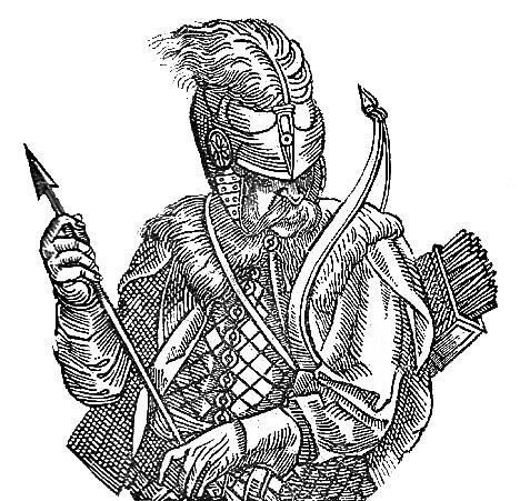 Rysunek przedstawia mężczyznę z wąsem. Ubrany jest w koszulę i kamizelkę, na głowie ma hełm z pióropuszem. Na lewym ramieniu zawieszony ma łuk i strzały. W rękach trzyma jedną strzałę. Głowę ma skierowaną w dół.  