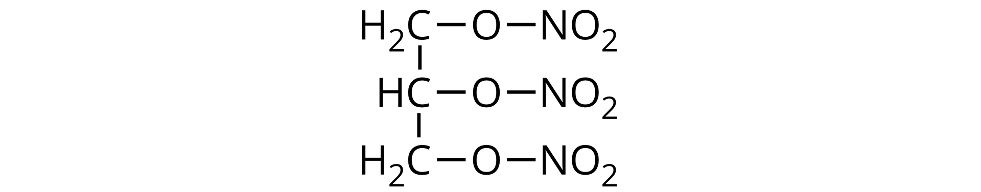 Ilustracja przedstawiająca wzór półstrukturalny triazotanu(<math aria‑label="pięć">V) propano-1,2,3--triolu zbudowanego z trójwęglowego łańcucha składającego się z grupy CH2 połączonej z grupą CH związaną z grupą CH2. Każda z grup podstawiona jest jednym atomem tlenu, z których każdy związany jest z grupą NO2.