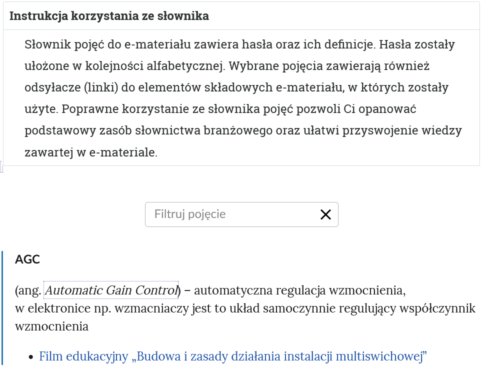 Przykładowy widok otwartej zakładki instrukcji korzystania ze słownika. Pod nazwą zakładki znajduje się prostokątny panel filtruj pojęcie i znak iks. Na dole widoczne jest hasło wraz z definicją.