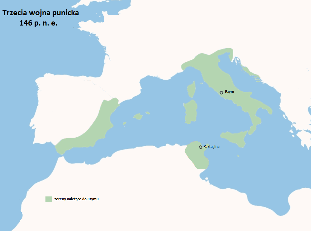 Ilustracja prezentuję mapę trzeciej wojny punickiej 146 p.n.e. Na mapie oznaczone zostały dwa rodzaje terenów. Tereny należące do Rzymy (wyznacza je oznaczone na mapie miasto Rzym) oraz tereny należące do Kartaginy (wyznacza je oznaczone na mapie miasto Kartagina). Do Rzymu należą już całe Włochy wraz z Sycylią i dwoma wyspami na wschód od wschodniego wybrzeża Włoch oraz południowo-zachodnia część Półwyspu Iberyjskiego oraz dwie maleńkie wyspy na wschód od wschodniego wybrzeża Półwyspu Iberyjskiego, a także obszar wokół miasta Kartagina, leżącego na północnym wybrzeżu Afryki. 