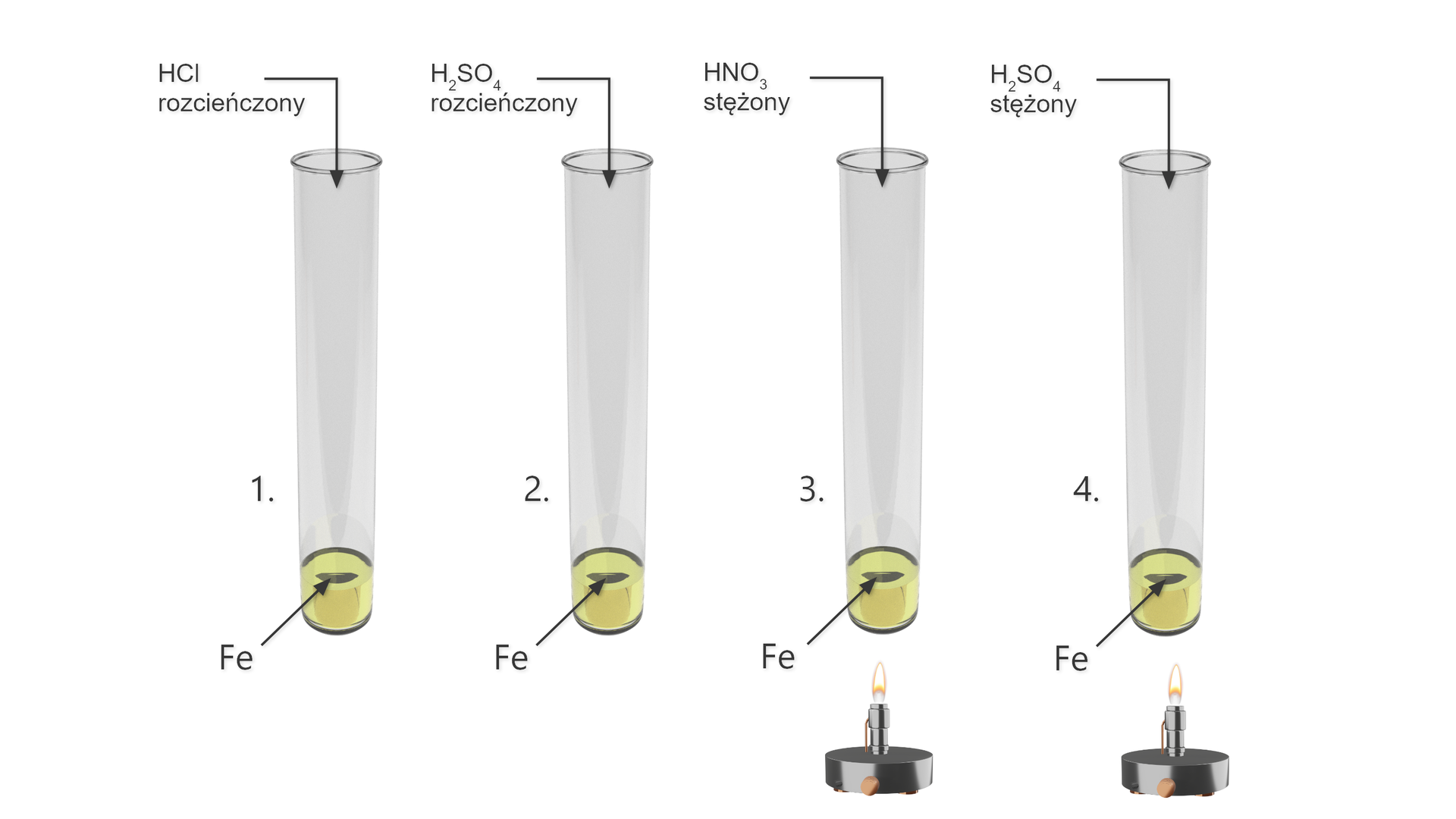 Ilustracja przedstawia schemat doświadczenia. Cztery probówki z żelazem. Do pierwszej jest dodawany rozcieńczony kwas chlorowodorowy, do drugiej rozcieńczony kwas siarkowy(<math aria‑label="sześć">VI), do trzeciej stężony kwas azotowy(<math aria‑label="pięć">V), do czwartej stężony kwas siarkowy(<math aria‑label="sześć">VI). Trzecia i czwarta probówka są ogrzewane w płomieniu palnika.