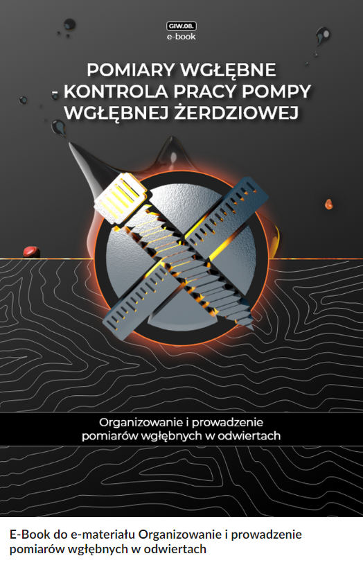 Na zdjęciu przedstawiona jest przykładowa okładka materiału.W górnej części okładki znajduje się przykładowy tytuł brzmiący: Pomiary wgłębne - kontrola pracy pompy wgłębnej żerdziowejPoniżej tytułu znajduje się grafika przedstawiająca metalowe koło, a na nim ułożone prostopadle na sobie wycięte metalowe kształty śruby i listwy pomiarowej. Pod metalowym kołem umieszczono wielką czarną kroplę rozmytą na kształt kleksa z atramentu. Grafika znajduje się w okrągłej ramce o barwach pomarańczowo‑żółtych. W górnej części okładki widoczne jest czarne tło.W dolnej części okładki na czarnym tle widoczne są szare wzorki przypominające poziomice, które są umieszczane na mapie sytuacyjno‑wysokościowej.Na dole okładki znajduje się czarny prostokąt z białym napisem brzmiącym: Organizowanie i prowadzenie ppomiarów wgłębnych w odwiertach.