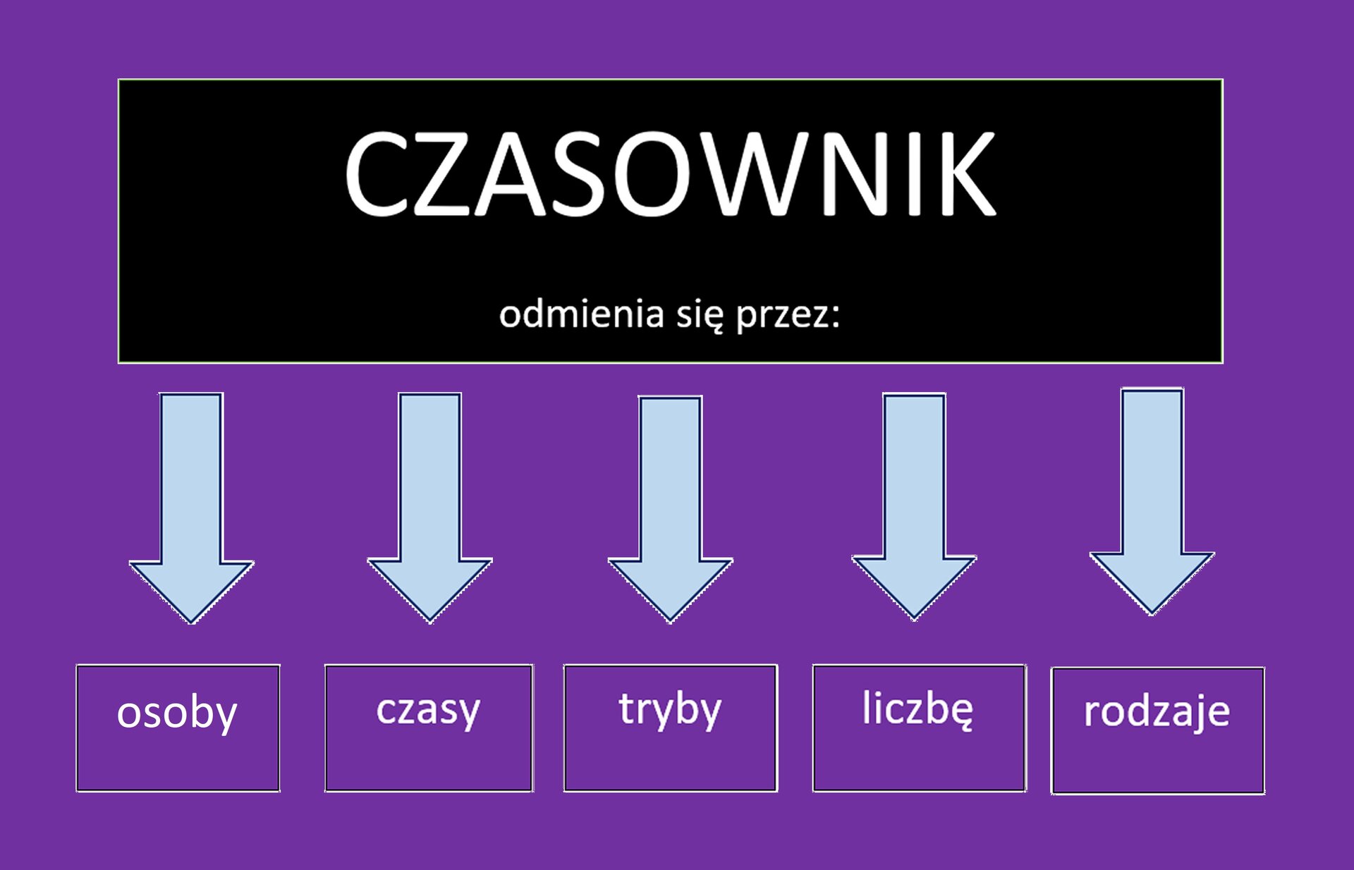 Grafika przedstawia schemat prezentujący informacje o tym przez co odmienia się czasownik. Tekst na schemacie: Czasownik odmienia się przez: osoby, czasy, tryby, liczbę, rodzaj.