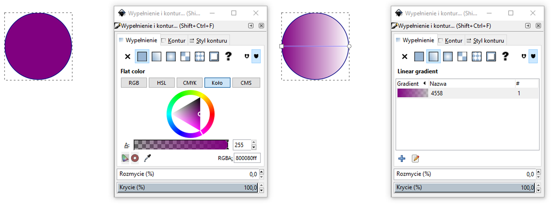 Ilustracja przedstawia dwa koła oraz dwa okna dialogowe. Pierwsze koło ma kolor fioletowy. Obok znajduje się okno dialogowe o nazwie wypełnienie o kontur. Wybrane zostało wypełnienie pełne, kolor wybrano przy użyciu koła. Drugie koło jest fioletowo białe. Wybrane wypełnienie i kontur to gradient liniowy, wybrany kolor to kolor fioletowy.