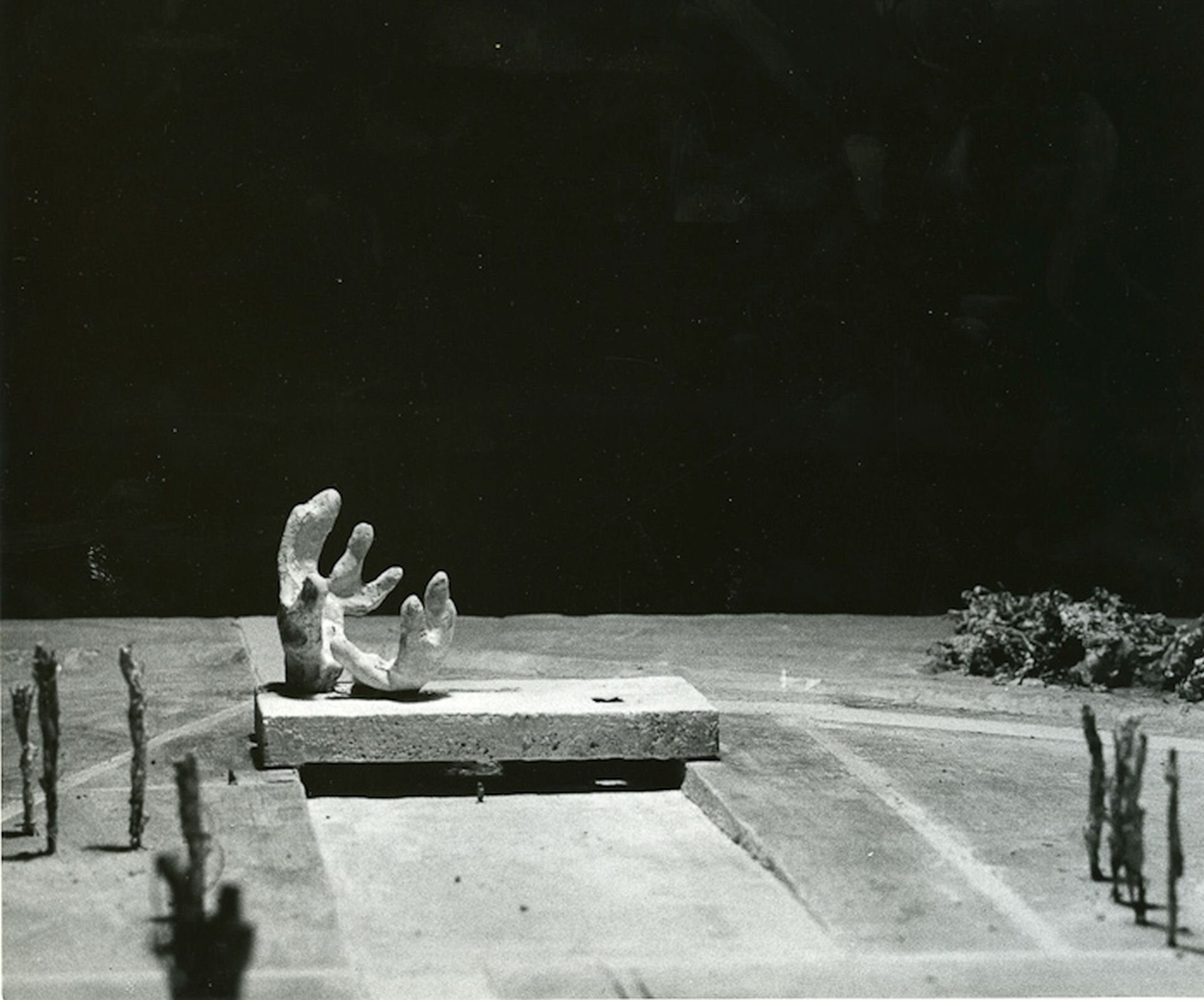 Zdjęcie przedstawia rzeźbę Aliny Szapocznikowej Pomnik Ofiar Oświęcimia. Rzeźba kształtem przypomina dłonie.