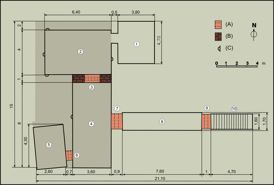 Ilustracja przedstawia plan grobowca Tutanchamona. Składał się on z wielu pomieszczeń, a prowadził do niego długi korytarz i schody.  