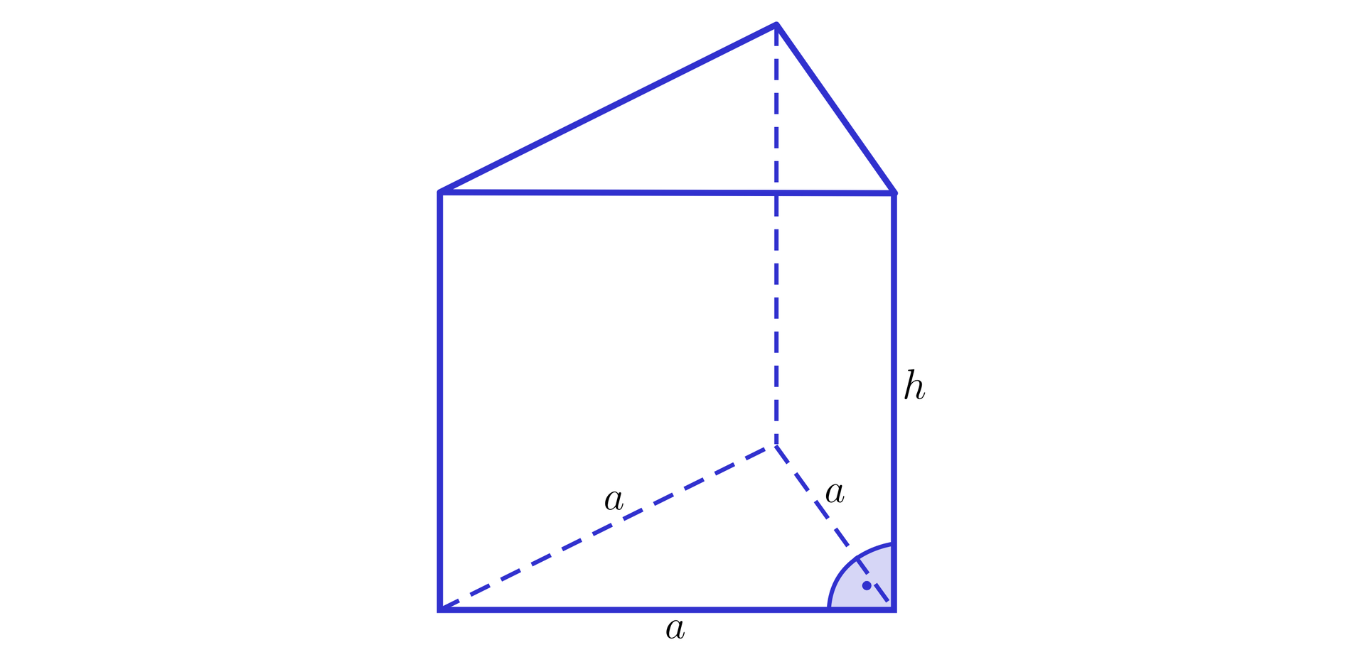 lustracja przedstawia graniastosłup o podstawie trójkąta. Wszystkie krawędzie podstawy podpisano literą a, krawędź boczną ostrosłupa podpisano literą h.