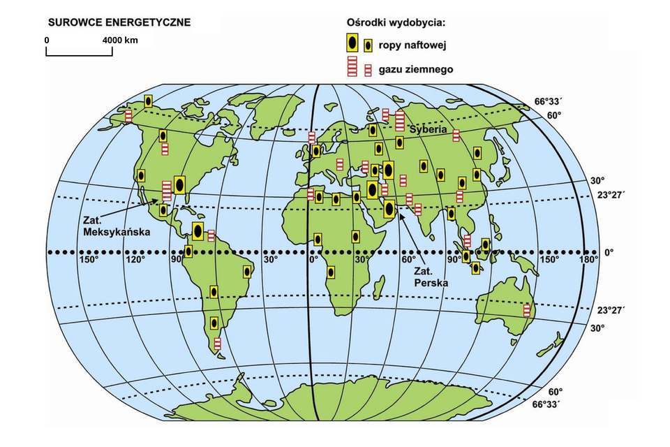 Na ilustracji mapa przedstawiająca ośrodki wydobycia ropy naftowej i gazu ziemnego na świecie. Nad mapą znajduje się legenda. Ośrodki wydobycia ropy zaznaczono żółtym prostokątem z wypełniającą go czarną elipsą, a gazu ziemnego czerwonymi prostokątami ustawionymi jeden na drugim. Mapa świata ma kształt elipsy z zaznaczonymi południkami i równoleżnikami. Kontynenty mają kolor jasnozielony, a morza i oceany niebieski. Na mapie rozmieszczono symbole z legendy, małe, gdy wydobycie jest mniejsze i coraz większe wraz z wzrostem ilości wydobywanego surowca. Wyróżniono podpisem Zatokę Meksykańską i Syberię jako ośrodki najwyższego wydobycia gazu ziemnego oraz Zatokę Perską jako największy ośrodek wydobycia ropy naftowej.