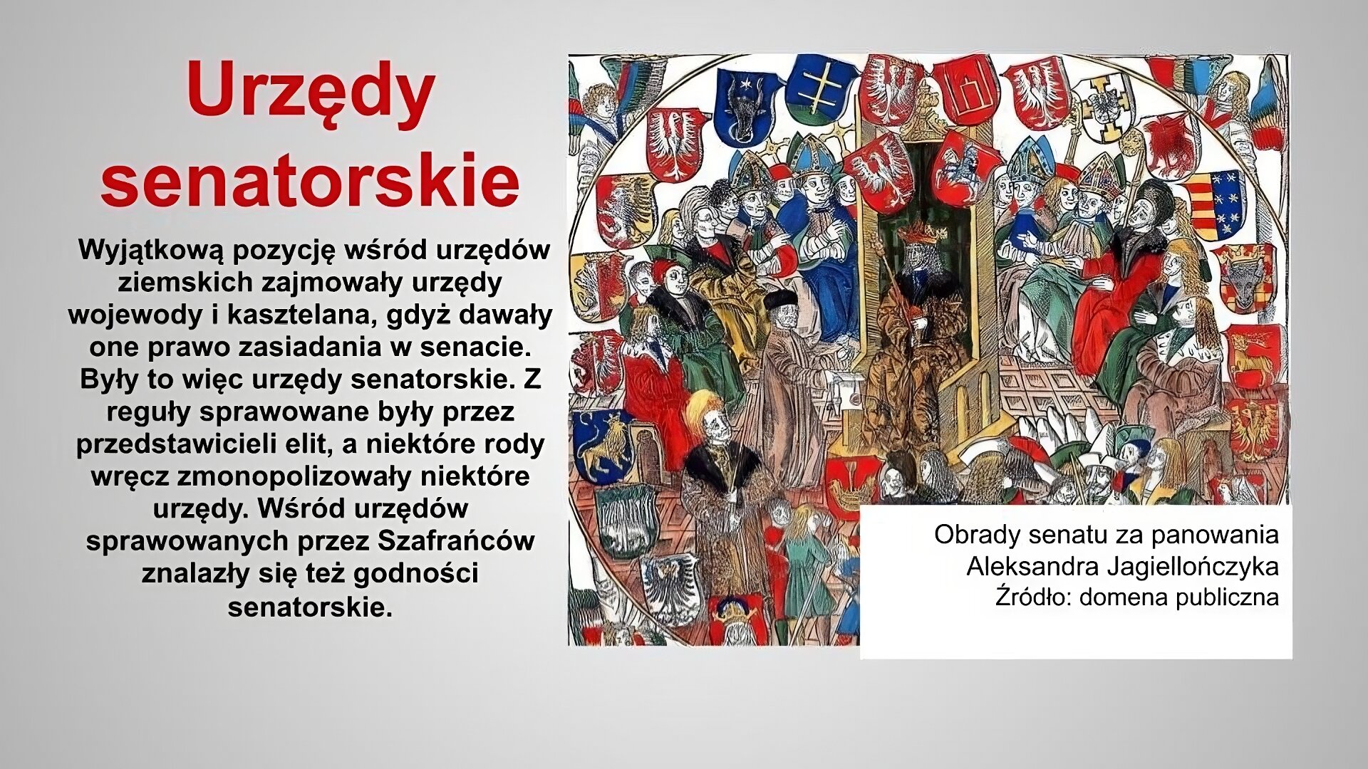 Slajd zatytułowany jest: Urzędy senatorskie. Napis wykonany jest czerwonymi literami na szarym tle. Po prawej stronie znajduje się napis: Wyjątkową pozycję wśród urzędów ziemskich zajmowały urzędy wojewody i kasztelana, gdyż dawały one prawo zasiadania w senacie. Były to więc urzędy senatorskie. Z reguły sprawowane były przez przedstawicieli elit, a niektóre rody wręcz zmonopolizowały niektóre urzędy. Wśród urzędów sprawowanych przez Szafrańców znalazły się też godności senatorskie. Napis wykonany jest czarnymi literami na szarym tle. Po prawej stronie znajduje się ilustracja. Ilustracja przedstawia obrady senatu w 2. połowie XV wieku. W centrum ilustracji znajduje się król. Dookoła niego zasiadają senatorowie ubrani w piękne stroje. Na obrzeżach ilustracji przedstawione zostały herby. Nad królem umieszczono herby Królestwa Polskiego i Wielkiego Księstwa Litewskiego (odpowiednio orzeł na czerwonym tle, oraz Pogoń, czyli rycerz na koniu z uniesionym mieczem). Pozostałe herby symbolizują ziemie, z których pochodzili senatorowie. Ilustracja podpisana jest: Obrady senatu za panowania Aleksandra Jagiellończyka.