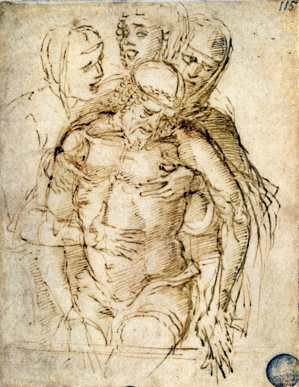 Ilustracja przedstawia obraz Andrea Mantegna „Pietà”. Na obrazie widzimy półnagiego Jezusa Chrystusa. Obejmują go trzy inne osoby - kobiety. Obraz jest w odcieniach szarości. Jest to szkic obrazu.