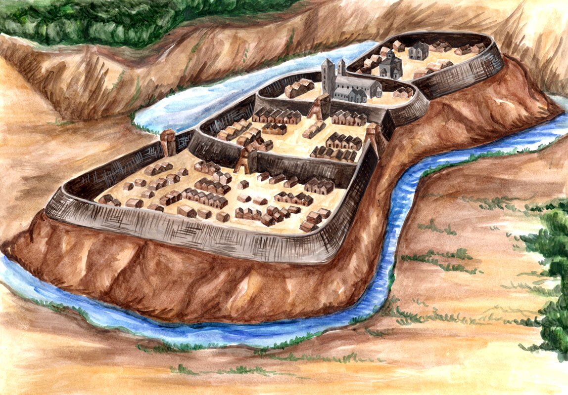 Rysunek przedstawia gród i podgrodzia w Gnieźnie, widziany z lotu ptaka. Wokół usypanego wału obronnego znajduje się fosa z wodą. Gród z trzema podgrodziami otoczony jest wałem obronnym. Środkową część zajmuje gród z zamkiem księcia, na podgrodziach stoją obok siebie małe domki ludności. Gród otaczają lasy.