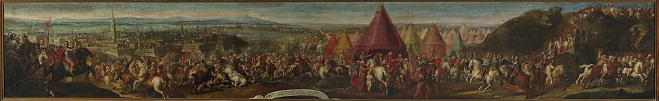 Ilustracja „Bitwa pod Wiedniem”, koniec XVII w., Muzeum Narodowe w Warszawie, autor nieznany. Przedstawione jest pole bitwy, namioty, żołnierze i jeżyccy konni. Obraz w ciemnych barwach. Postacie bardzo małe.