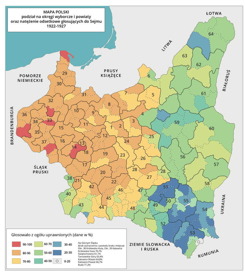Mapa Polski z podziałem na okręgi wyborcze i powiaty, ukazująca natężenie odsetkowe głosujących do Sejmu w latach 1922–1927. Najwyższa frekwencja w graniach od 80 do 100% jest na zachodzie kraju. Nieco mniejsza w granicach 70–90% w środkowej części i na południu. Część wschodnia to niższa frekwencja w granicach od 40 do 70%. Najniższa frekwencja jest w południowo‑wschodniej części kraju i wynosi od 20 do 40%.
