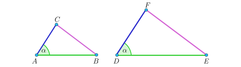 Ilustracja przedstawia dwa trójkąty: A B C oraz większy D E F. Trójkąty są proporcjonalne, a odpowiadające sobie boki wyróżniono tymi samymi kolorami: lewe ramiona A C oraz D F granatowym, prawe ramiona B C oraz E F różowym oraz podstawy A B i D E zielonym kolorem. Zaznaczono również kąt wewnętrzny alfa w obu trójkątach: w mniejszym przy lewym wierzchołku A, w większym przy lewym wierzchołku D.