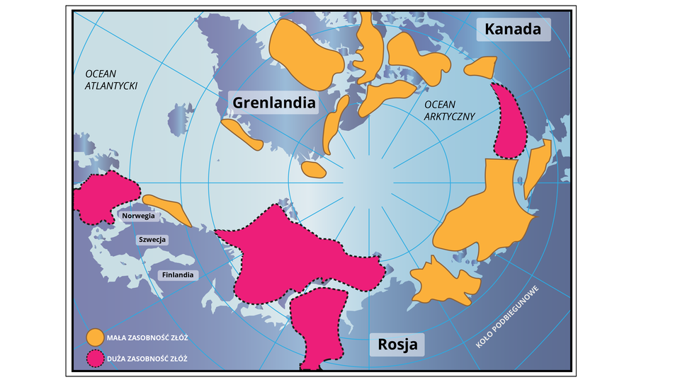 Na mapie zaznaczono małą i dużą zasobność surowców naturalnych na obszarze Arktyki. Mała zasobność występuje u wybrzeży Grenlandii, Kanady, wzdłuż norweskiego wybrzeża oraz u wybrzeży Rosji, ale w części rozciągającej się na wschód. Duża zasobność wód występuje od północnego wybrzeża Skandynawii na wschód (obejmuje Morze Barentsa i Morze Karskie), Morze Północne oraz u wybrzeży północno‑wschodniej Kanady.     
