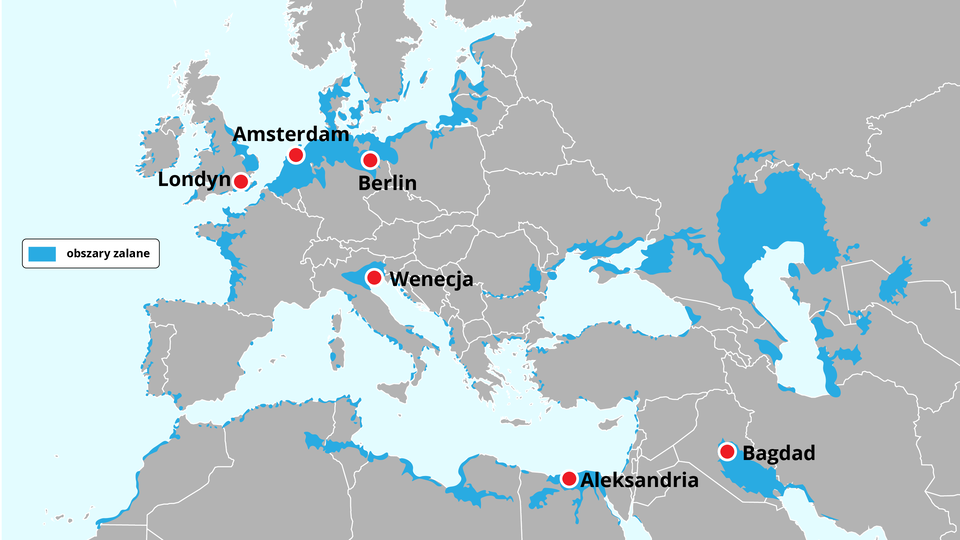 Mapa Europy, na której zaznaczono na niebiesko obszary zalane po podniesieniu się poziomu mórz o 60 metrów. Są to tereny zachodniego wybrzeża Francji i częściowo Normandii, wschodnia część Anglii, Kornwalia i pomniejsze części na wybrzeżach Wielkiej Brytanii, a także Irlandii. Holandia, , zachodnia część belgii, niemal cała Dania, nieduże fragmenty południowego wybrzeża Szwecji, północne Niemcy, wybrzeże Polski oprócz okolic Trójmiasta, obwód kaliningradzki, wybrzeże Litwy, częściowo Łotwy i Estonii. We Włoszech duży teren Wenecji i okolic oraz części wybrzeża Półwyspu Apenińskiego, fragmenty lądu wzdłuż linii brzegowej Bałkanów, Grecji, Ukrainy, Turcji, Afryki Północnej i krajów basenu Morza Kaspijskiego. Część południowo‑wschodnia Rumunii, fragmenty Rosji nad kaukazem oraz na północ od Morza Kaspijskiego. Cześć Iraku, aż po Bagdad, włącznie. W Egipcie część terenów z Aleksandrią. 