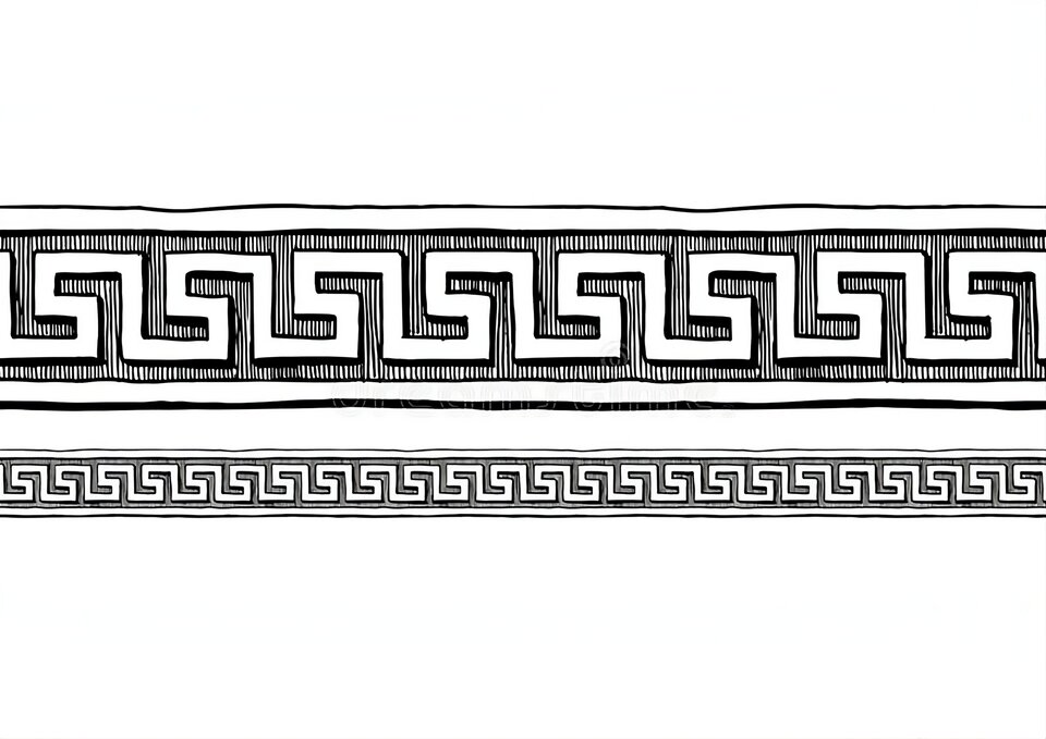 Ilustracja przedstawia dwa pasy dekoracyjne z motywem meandra. Górny meander jest masywny i silnie zarysowany – jego linie są szerokie, a poszczególne załamania układają się w wyraźne, geometryczne figury przypominające odbite lustrzanie litery „E” lub „G”. Tło tego ornamentu wypełnione jest gęstym, pionowym kreskowaniem. Dolny meander jest znacznie delikatniejszy i bardziej subtelny. Wzór oparty jest na cienkich, precyzyjnych liniach, które układają się w regularny, rytmiczny ciąg geometryczny. 