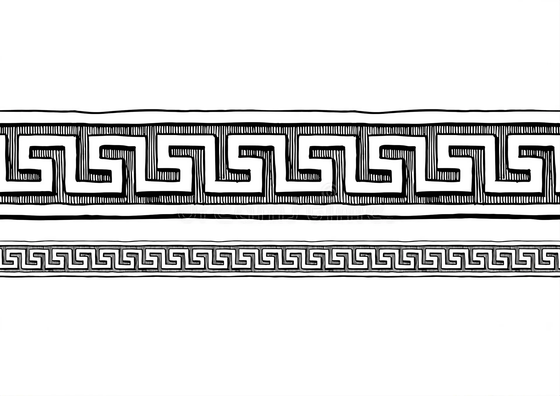 Ilustracja przedstawia dwa pasy dekoracyjne z motywem meandra. Górny meander jest masywny i silnie zarysowany – jego linie są szerokie, a poszczególne załamania układają się w wyraźne, geometryczne figury przypominające odbite lustrzanie litery „E” lub „G”. Tło tego ornamentu wypełnione jest gęstym, pionowym kreskowaniem. Dolny meander jest znacznie delikatniejszy i bardziej subtelny. Wzór oparty jest na cienkich, precyzyjnych liniach, które układają się w regularny, rytmiczny ciąg geometryczny.