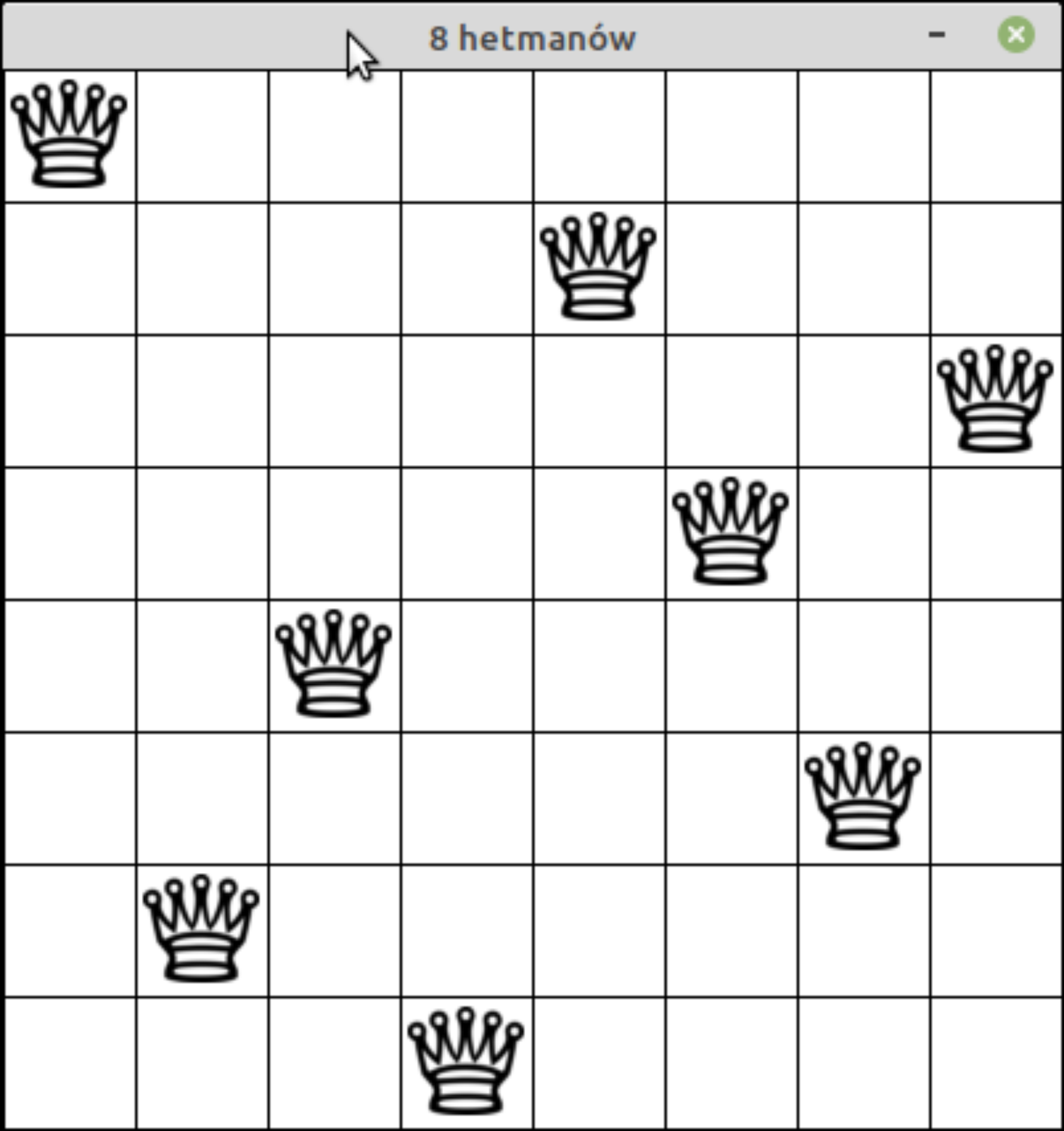 Zrzut ekranu przedstawia okno programu 8 hetmanów.  Wewnątrz okna znajduje się szachownica z wydzielonymi polami oraz 8 hetmanów ustawionymi na polach: a8, b2, c4, d1, e7, f5, g3, h6.