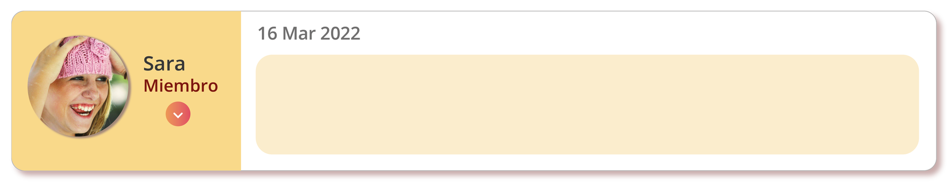 Grafika imituje belkę na forum internetowym. Znajduje sie na nim zdjęcie profilowe dziewczyny. Obok zdjęcia umieszony jest podpis Sara. Miembro oraz ikonka wskazująca, że użytkowniczka jest aktywna. Obok znajduje się pole poprzedzone datą. 