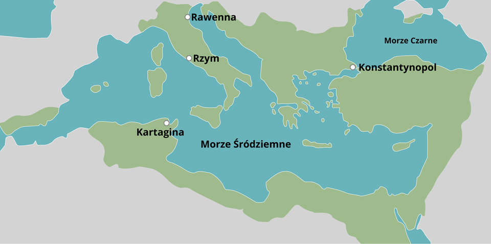 Mapa przedstawia teren Cesarstwa Bizantyjskiego: Południowa Hiszpania, Wyspy na Morzu Śródziemnym, Włochy z miastami Rzym oraz Rawenna, Grecja, Konsantynopol, Turcja, Bliski Wschód oraz północna Afryka (od Egiptu do terenów z Kartaginą).