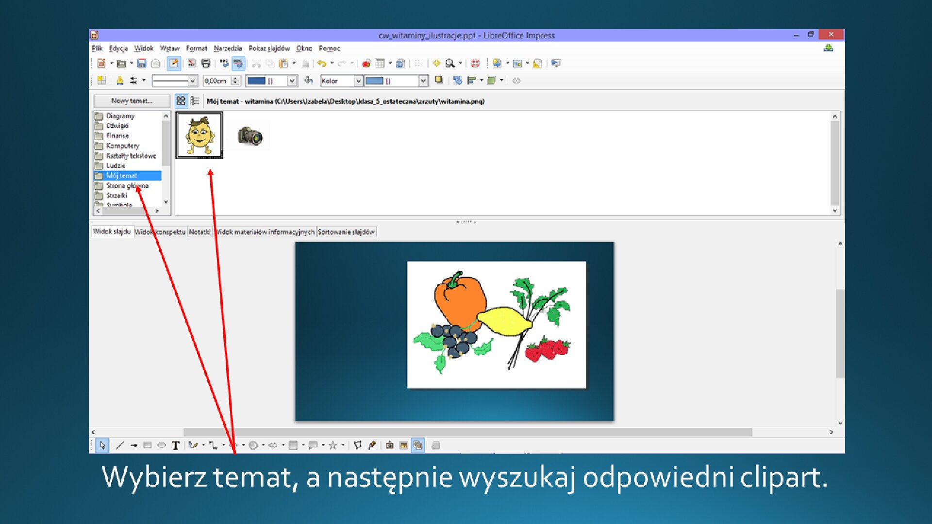 Zrzut okna z wstawiania clipartu na slajd o pustym układzie w programie LibreOffice Impress. Poniżej treść: "Wybierz temat, a następnie wyszukaj odpowiedni clipart".