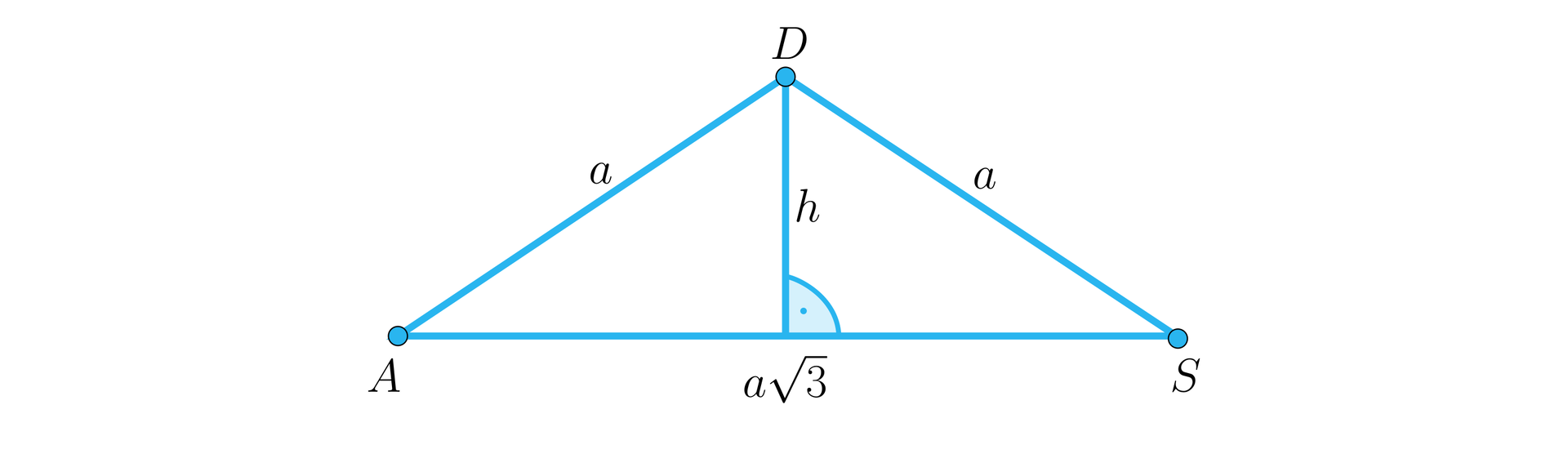 Ilustracja przedstawia trójkąt równoramienny o wierzchołkach ADS. Podstawa AS ma długość a3, ramiona AD oraz SD mają długość a. W ostrosłupie z wierzchołka D na podstawę AS opuszczono wysokość i podpisano ją literą h.