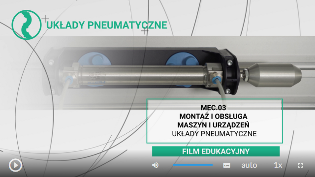 Ekran początkowy filmu o tytule "Układy pneumatyczne". W tle siłownik pneumatyczny, a pod nim ramka z numerem lekcji i jej kategorią.